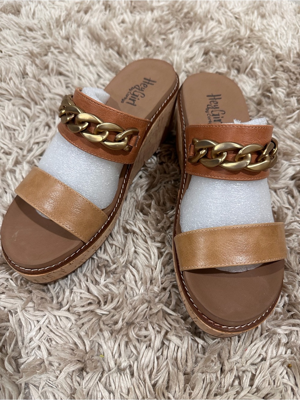 Corkys Tan Leather Slide Wedges with Gold Chain